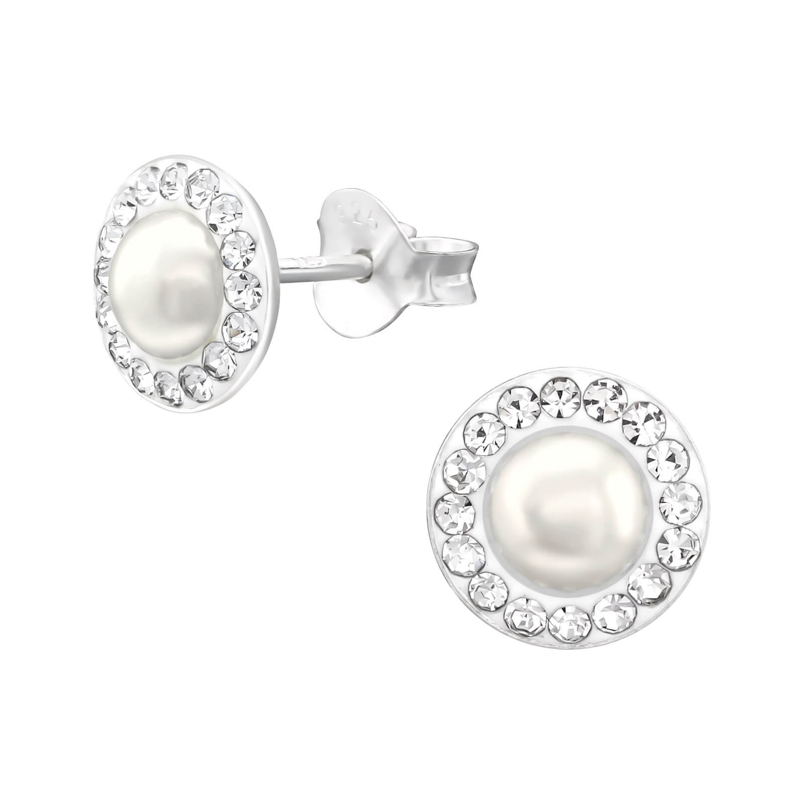 Cercei din argint 925 rotunzi cu perle albe sintetice si pietre zirconiu alb Brilliant