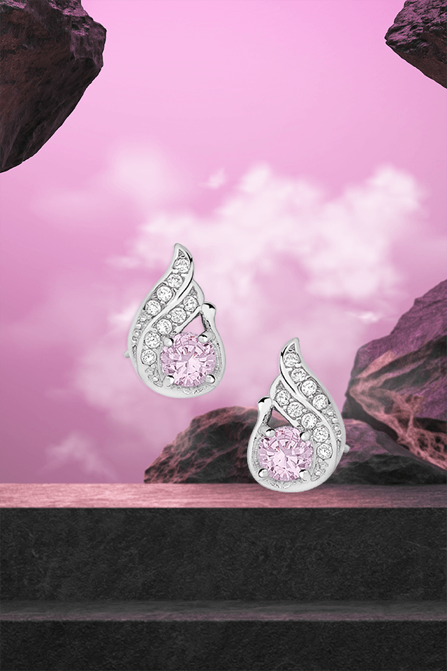 Cercei din argint 925 eleganti forma geometrica cu pietre zirconiu roz si alb 11 mm x 7 mm Wonderful