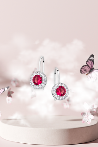 Cercei din argint 925 rotunzi eleganti forma floare cu pietre zirconiu roz (magenta) cu alb si tortita 16 mm