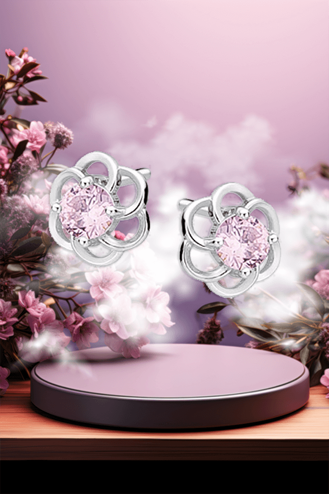 Cercei din argint 925 in forma de floare mica cu pietre zirconiu roz deschis 8 mm x 8 mm Superb