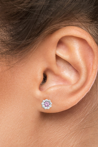 Cercei din argint 925 mici forma floare cu pietre rotunde roz si alb 8.5 mm Sunny