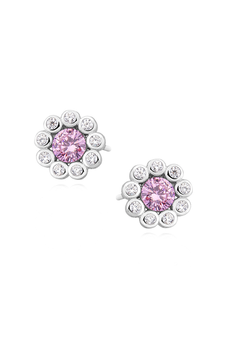Cercei din argint 925 mici forma floare cu pietre rotunde roz si alb 8.5 mm Sunny
