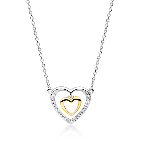 Lant din argint 925 cu pandantiv in forma de inima placat cu aur si pietre zirconiu alb 24k 43 cm