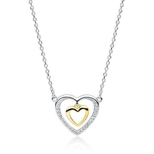 Lant din argint 925 cu pandantiv in forma de inima placat cu aur si pietre zirconiu alb 24k 43 cm